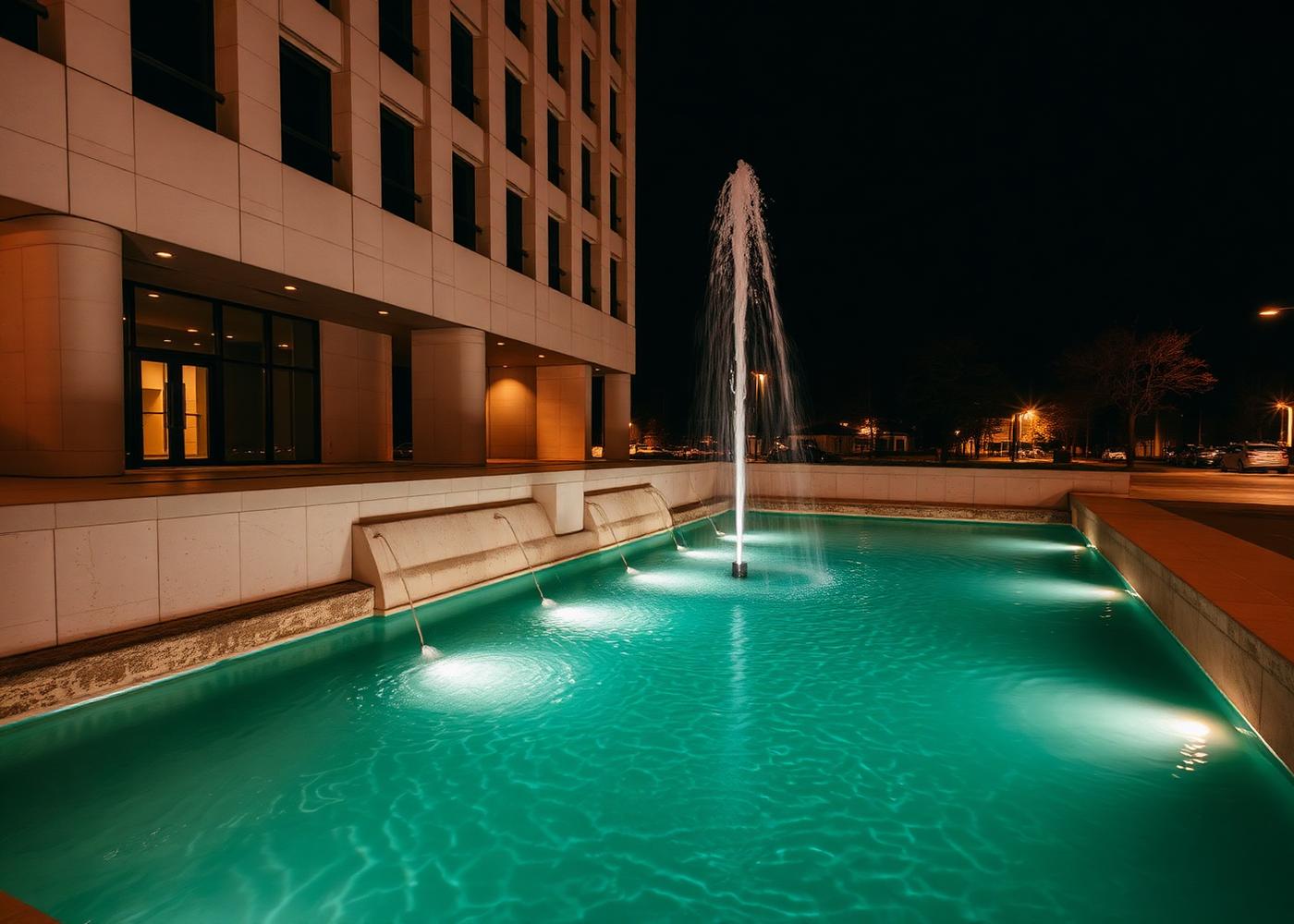 Architectural fountain basin lit at night beside a building facade