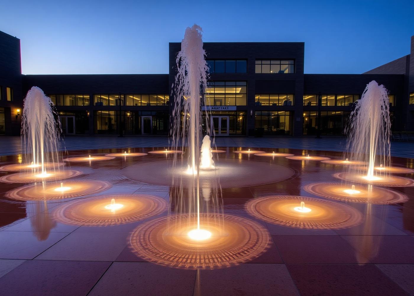 Illuminated dry deck fountain in a plaza at dusk