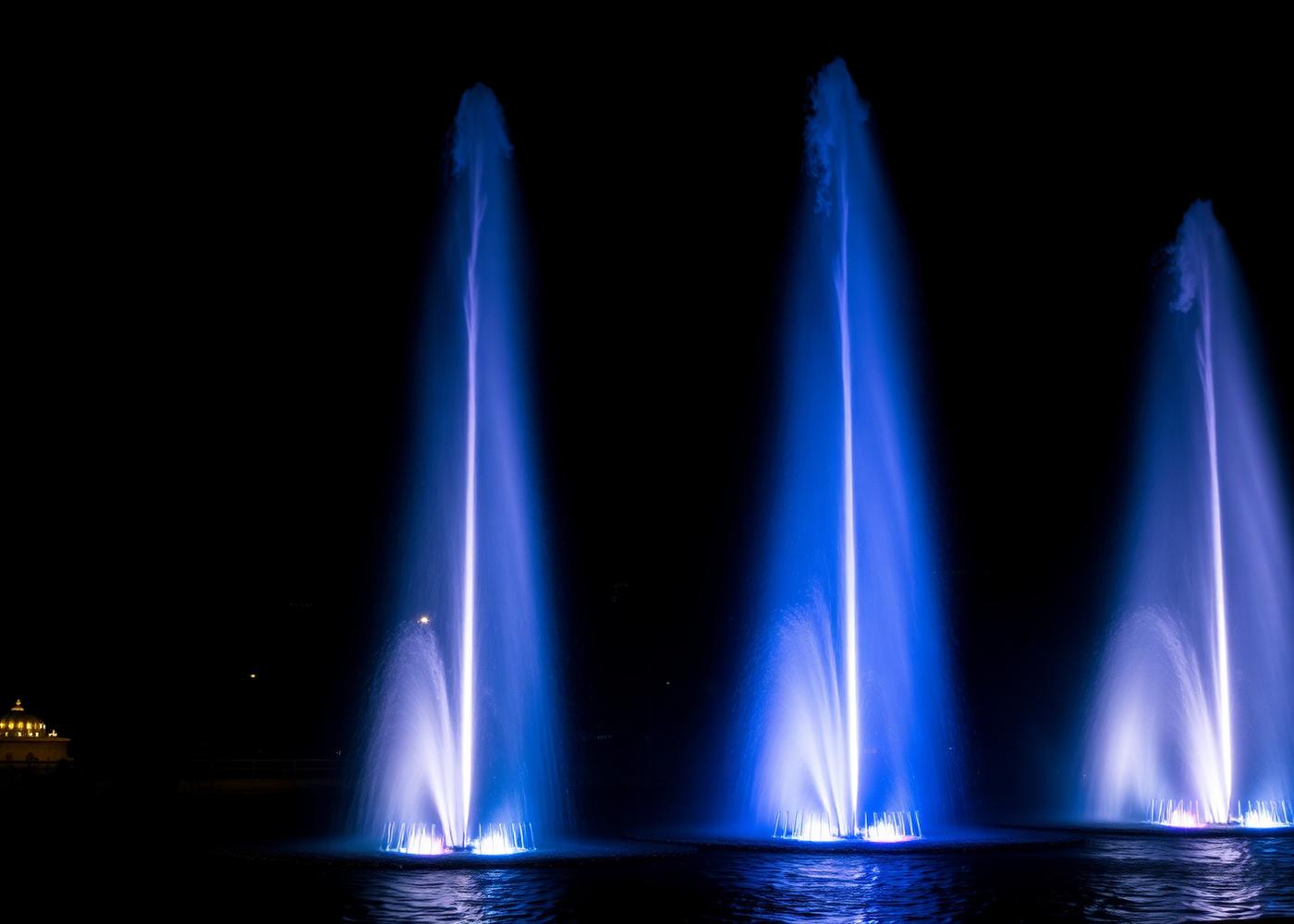Musical fountain with tall blue illuminated jets at night