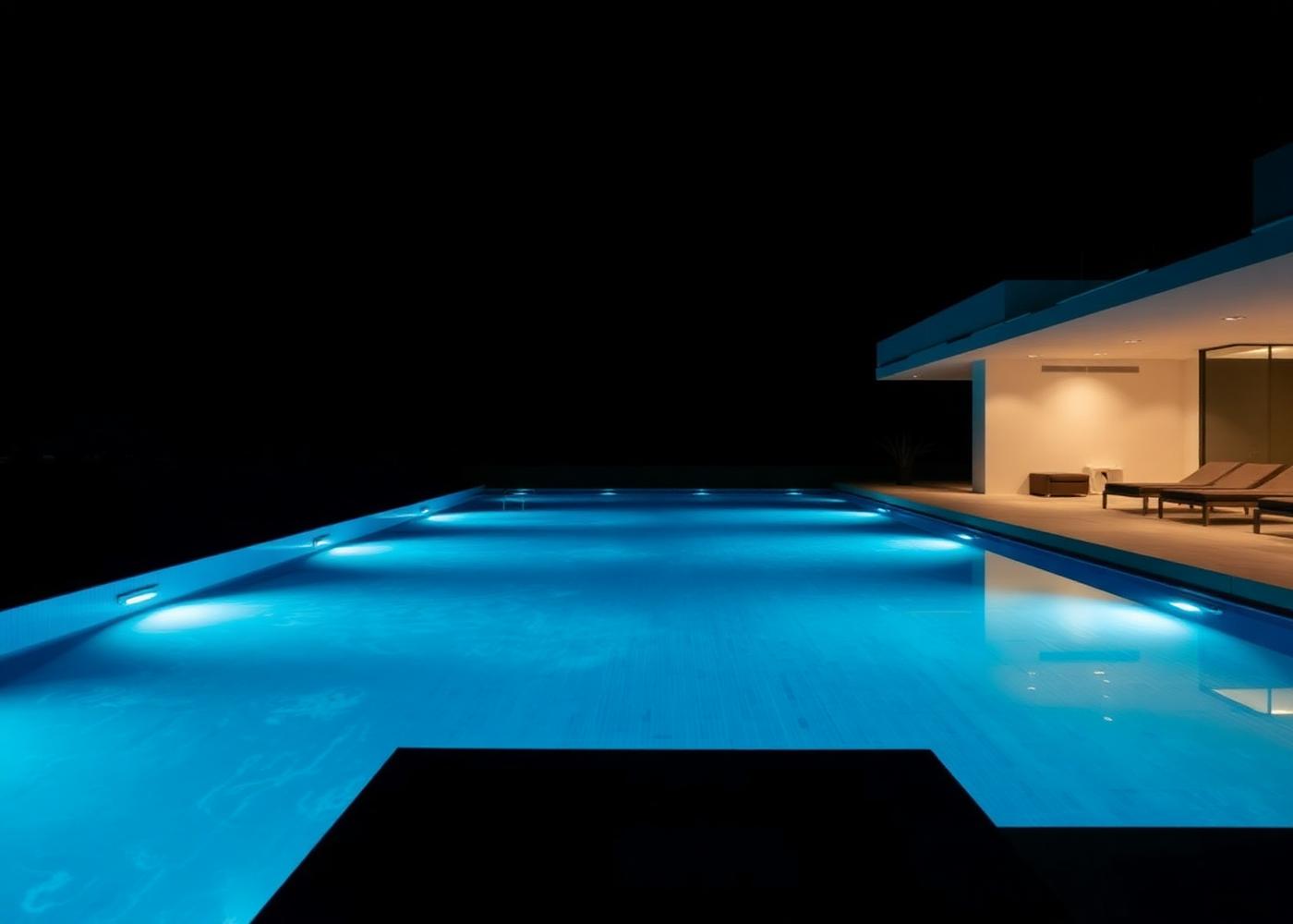 Architectural pool illuminated by underwater lighting at dusk