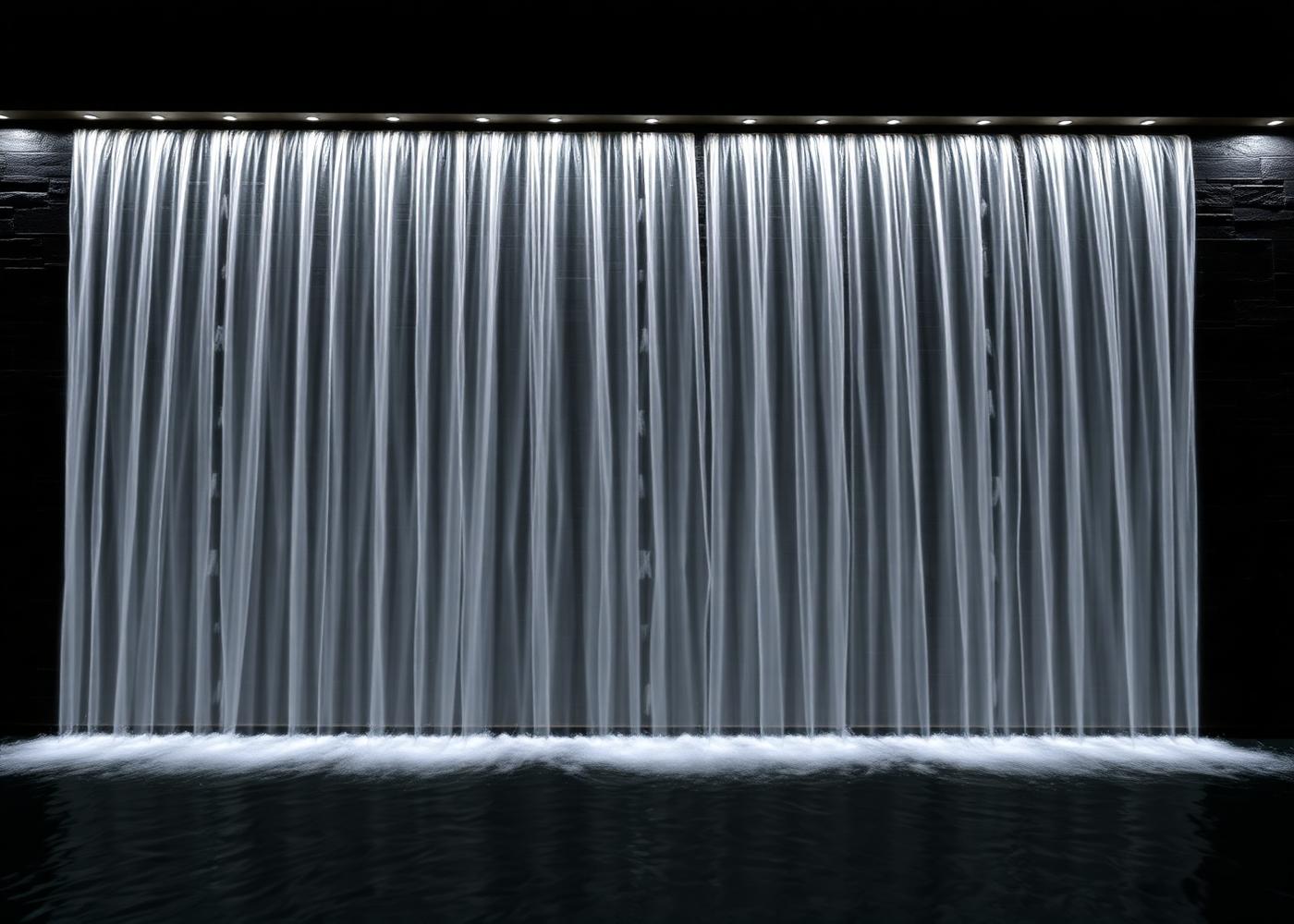 Illuminated water wall with a sheet of water over dark stone