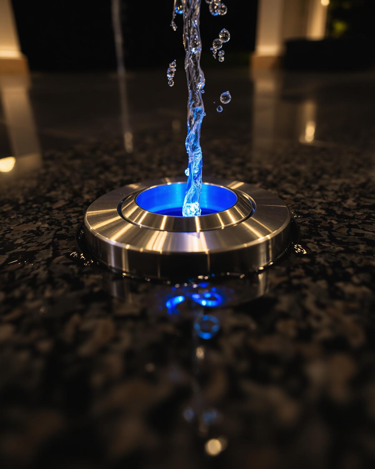 Detail of a stainless steel underwater light set into wet granite paving