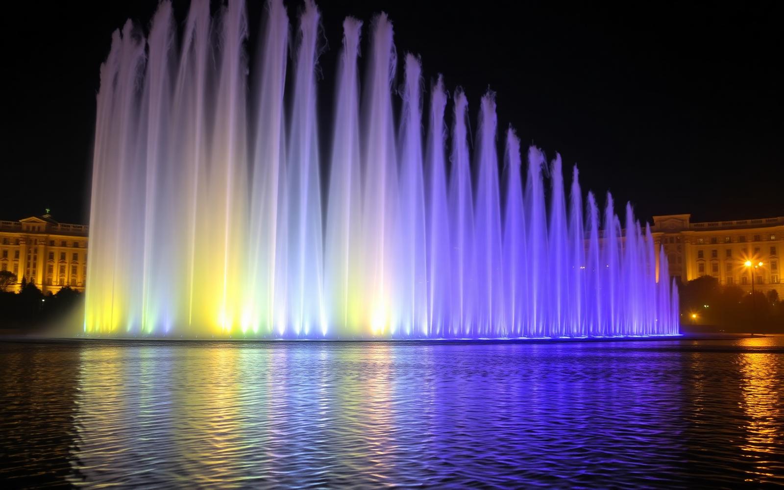 Choreographed fountain jets illuminated in colour at night