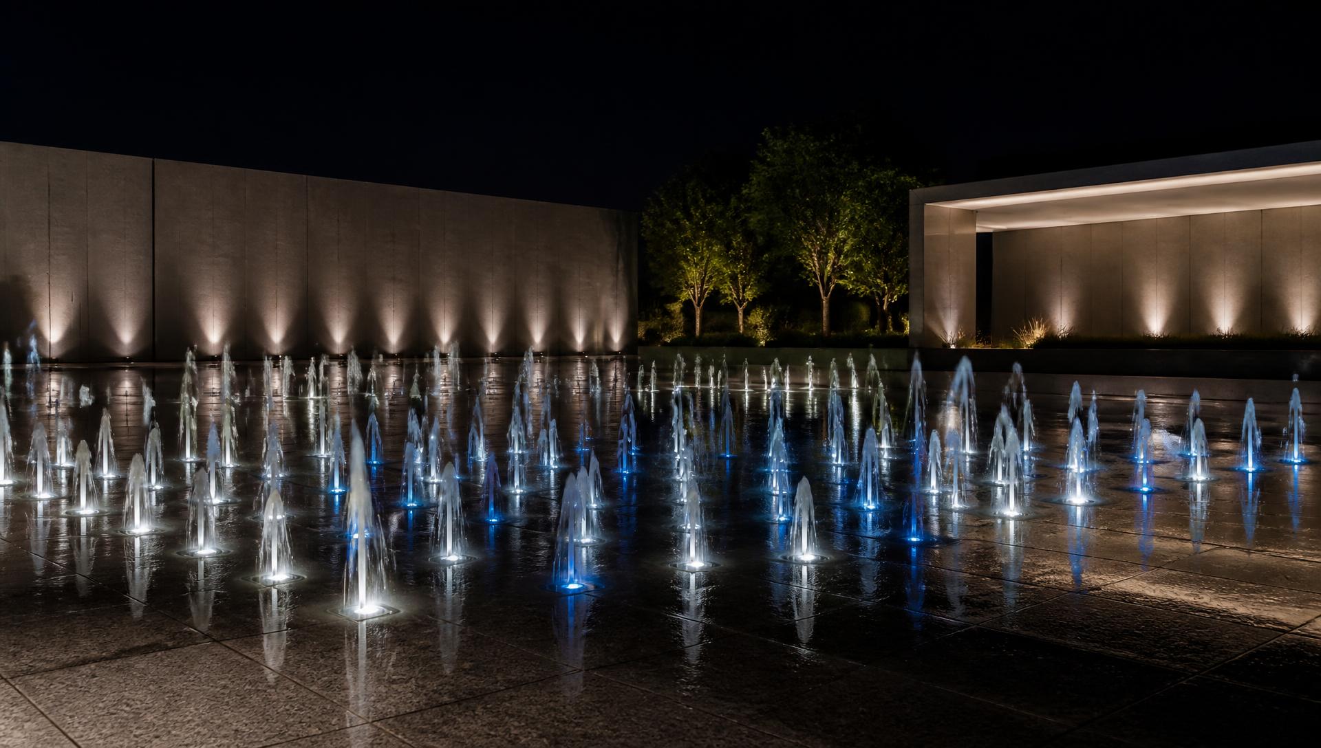 Completed illuminated fountain installation at night